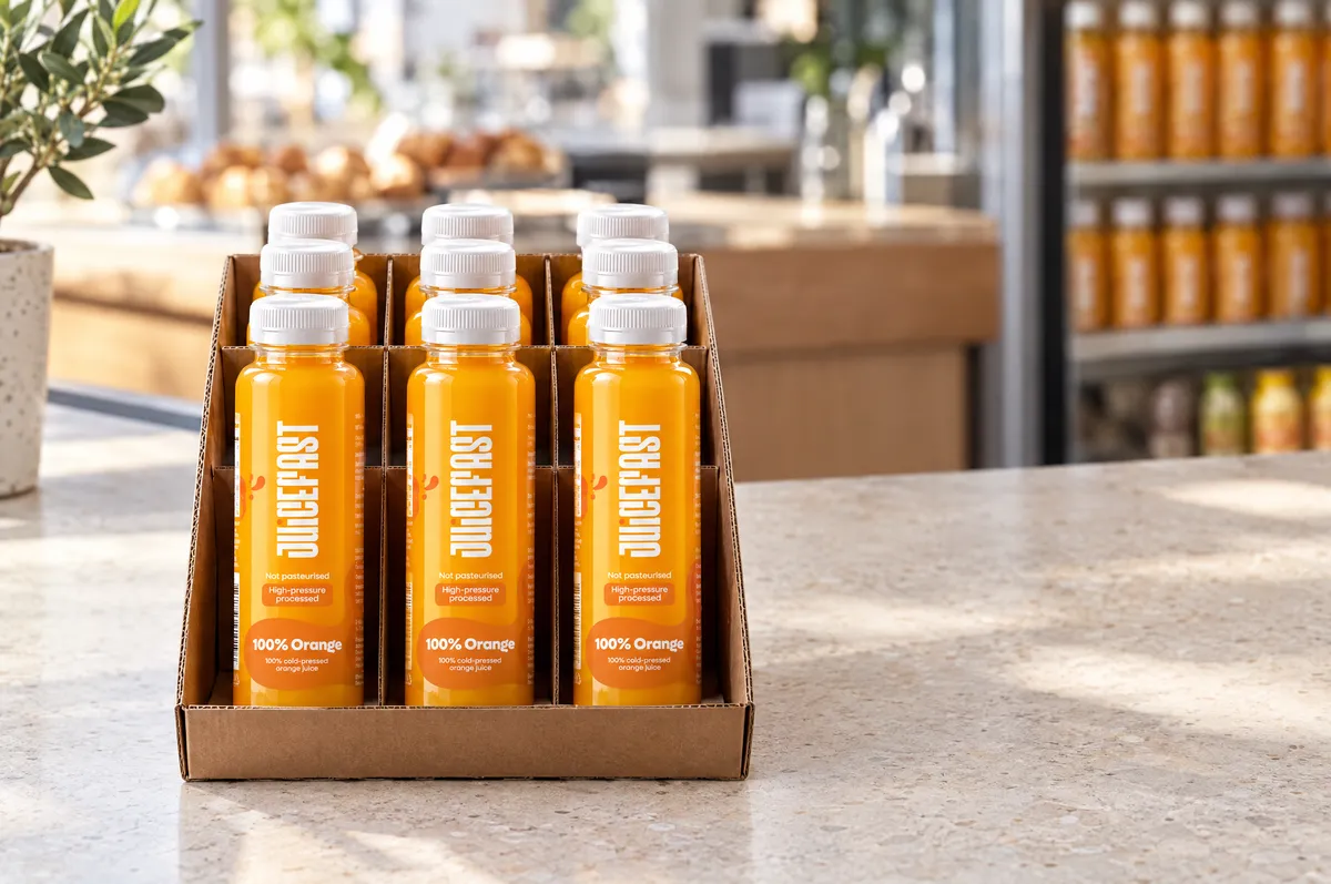Boce Orange od 250 ml u transportnoj kutiji na pultu