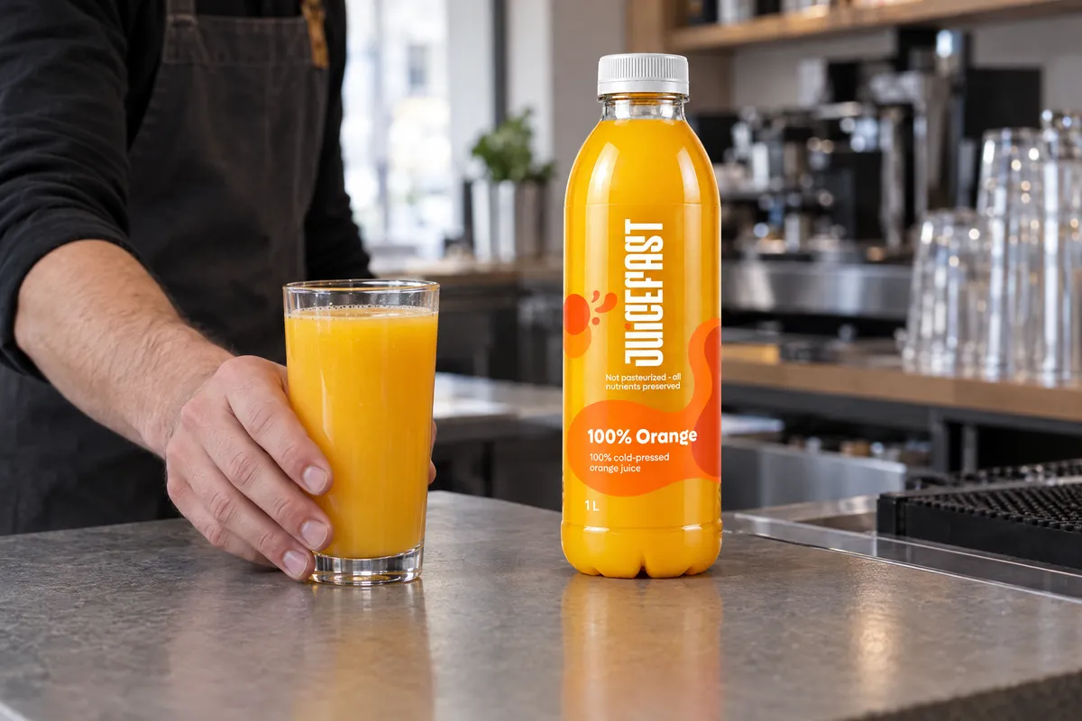 Posluživanje soka Orange uz litrenu bocu