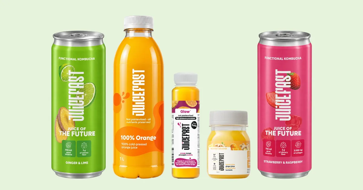 HoReCa sokovi Juicefast, kombucha u limenkama, boca soka od naranče 1 L, sok Glow i shooter za ugostitelje