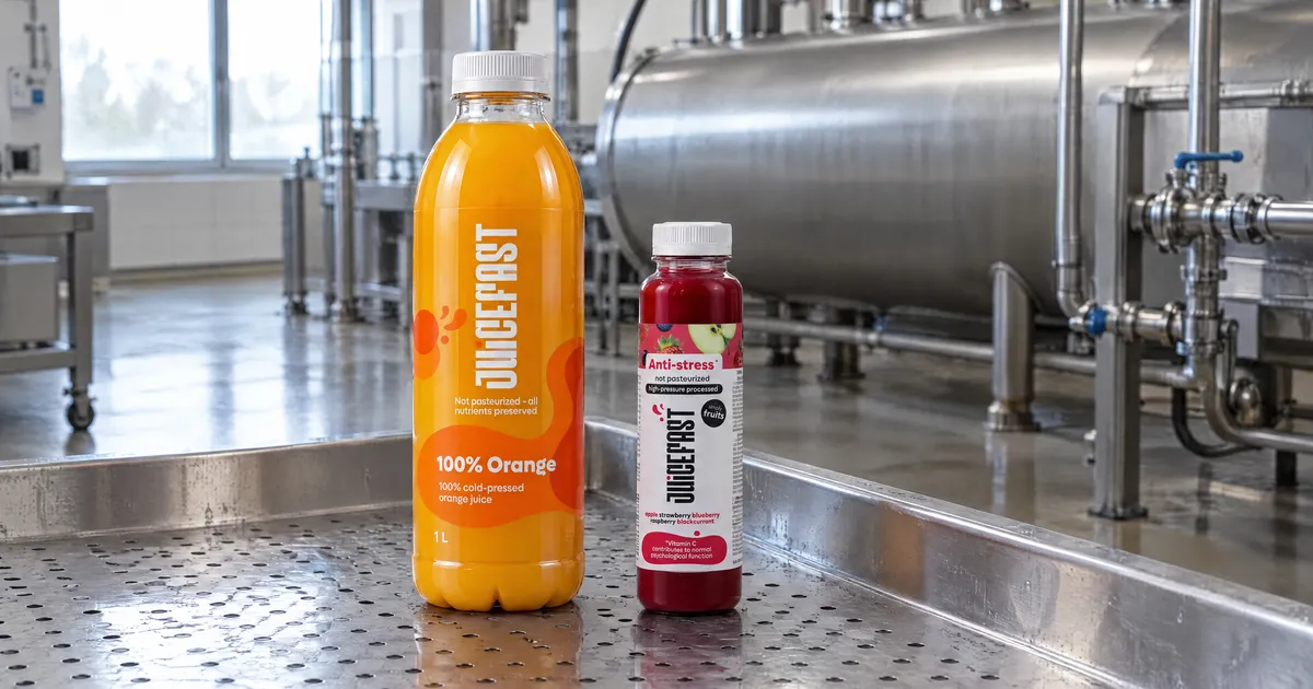 HPP sokovi: Juicefast Orange 1 L i Anti-stress 250 ml uz ilustrirani industrijski pogon
