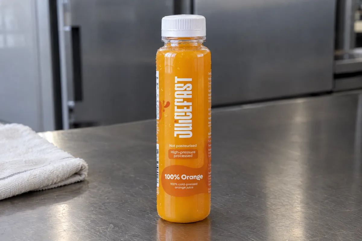 Juicefast Orange 250 ml s oznakama obrade na etiketi