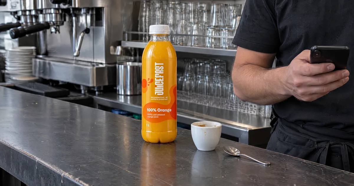 Kako naručiti sokove za kafić: vlasnik s mobitelom uz Juicefast Orange 1 L na šanku