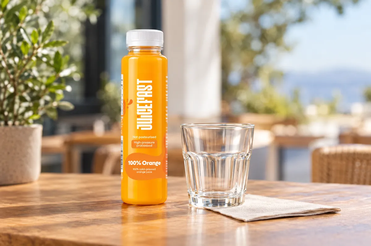 Zatvorena boca Orange 250 ml uz praznu čašu