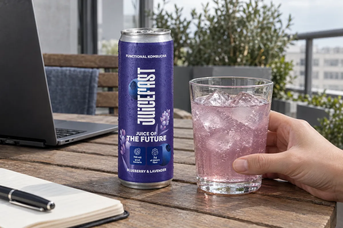 Kombucha Blueberry & Lavender uz čašu na stolu