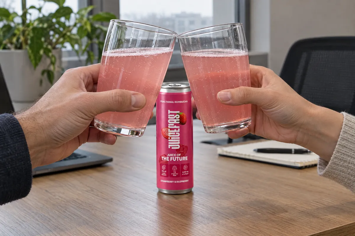 Dvije čaše kombuche uz limenku Strawberry & Raspberry
