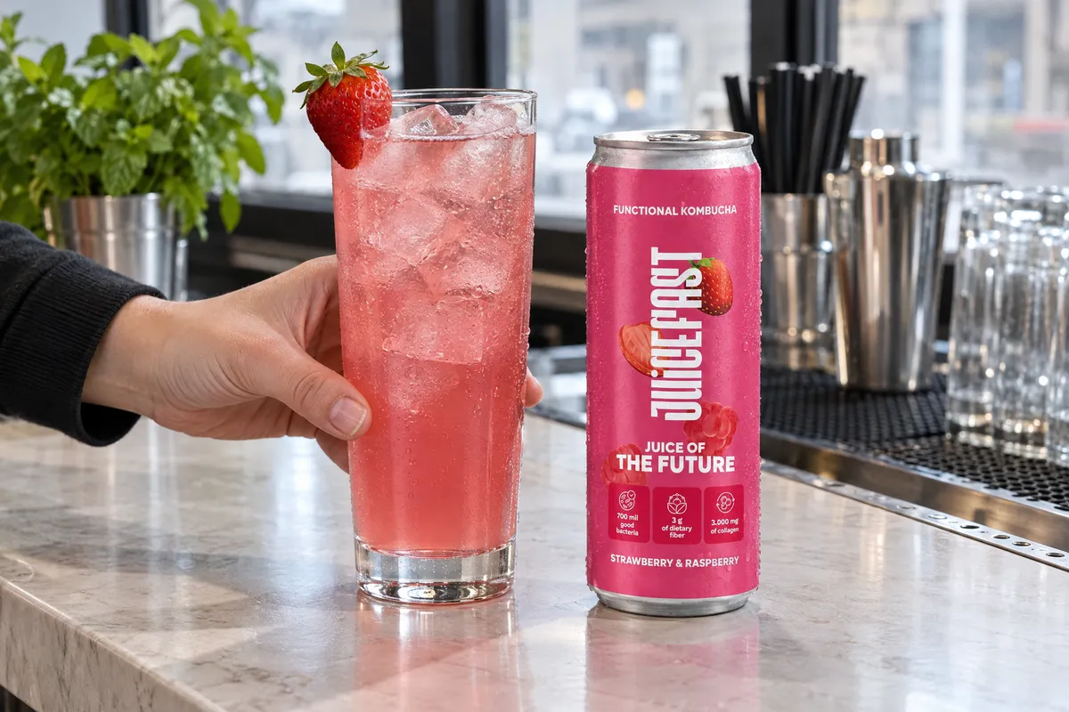 Posluživanje kombuche Strawberry & Raspberry u čaši