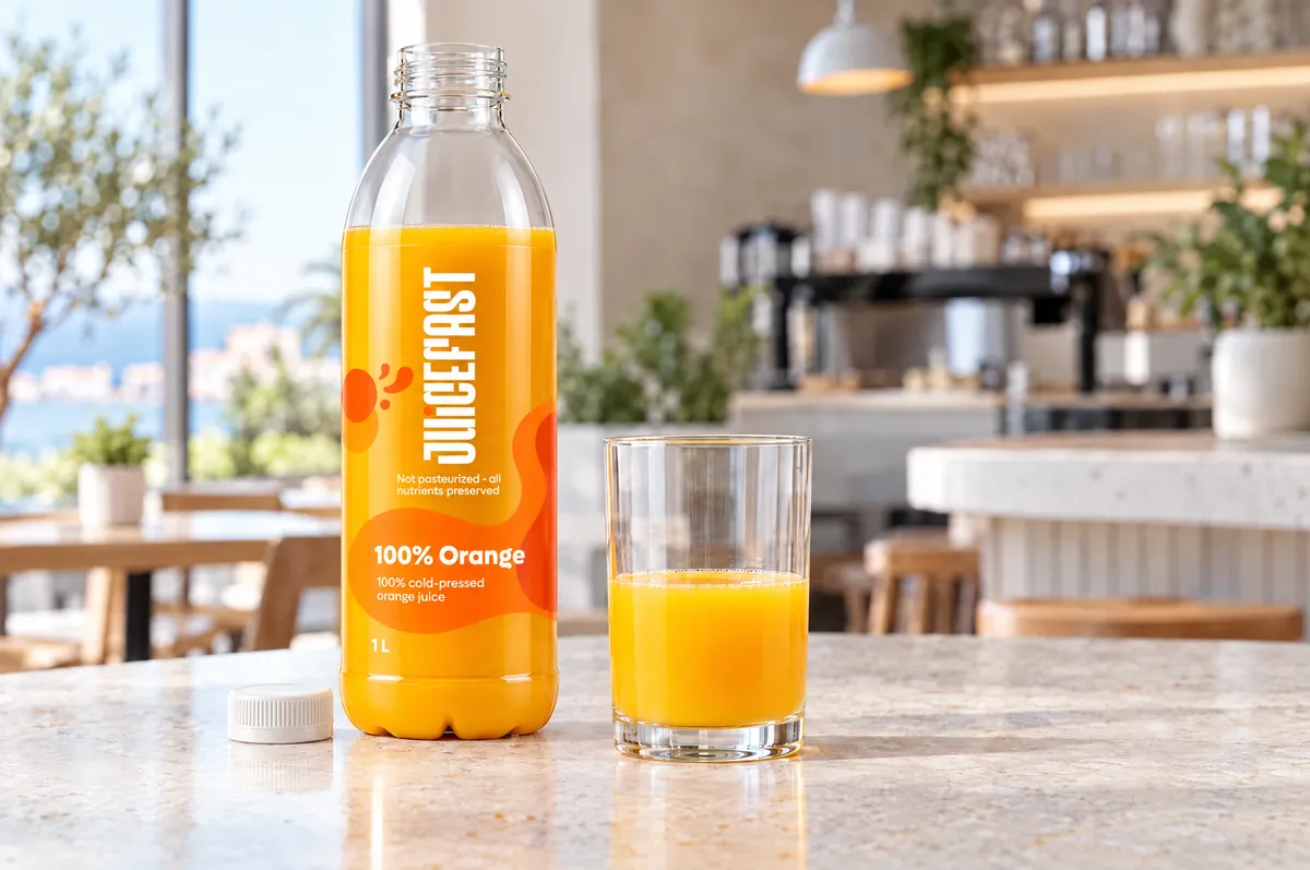 Otvorena boca Juicefast Orange 1 L s manje soka nakon točenja u čašu