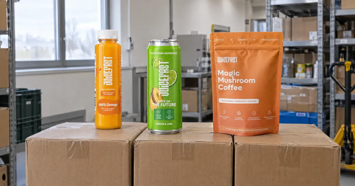 Minimalna narudžba veleprodaja sokova: sok Orange, kombucha i kava s gljivama na transportnim kutijama