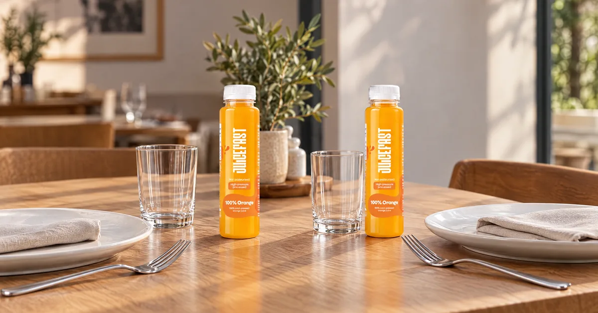 Sokovi za restorane, dvije Juicefast 100% Orange boce od 250 ml na postavljenom restoranskom stolu