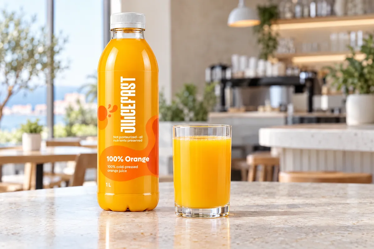 Litrena boca Orange uz čašu soka