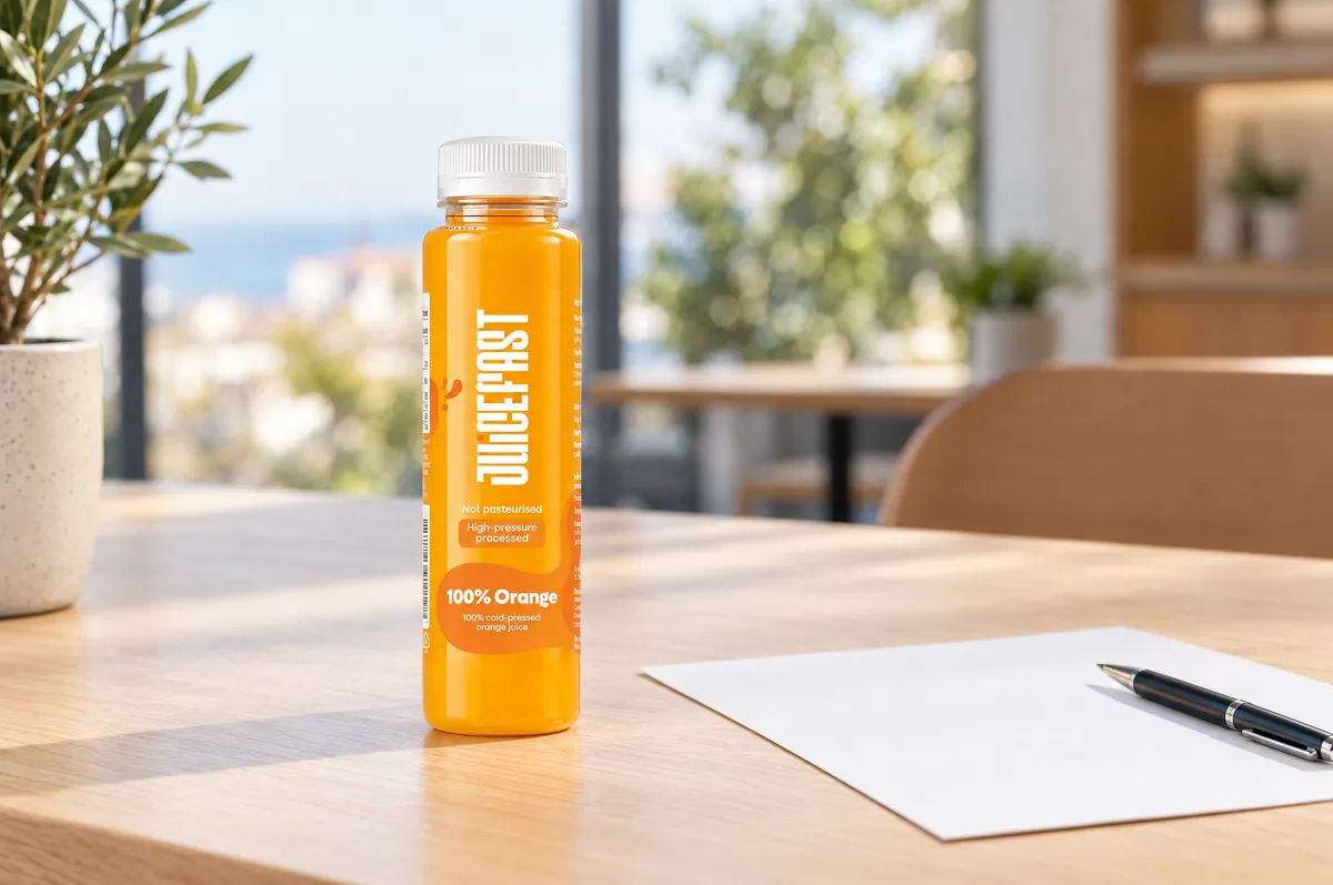 Bočica Orange uz prazan obrazac i olovku