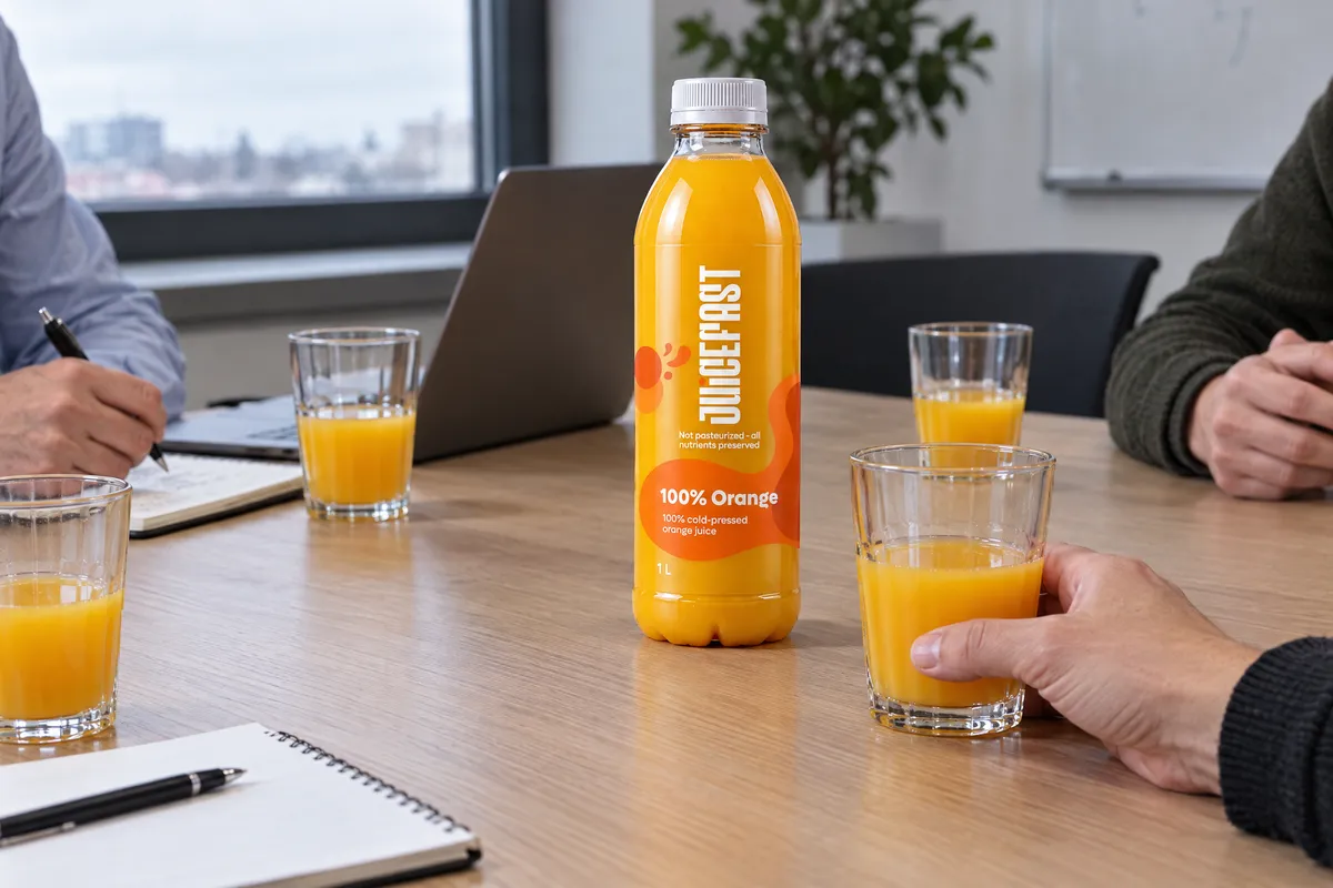 Litrena boca Orange i čaše soka na sastanku