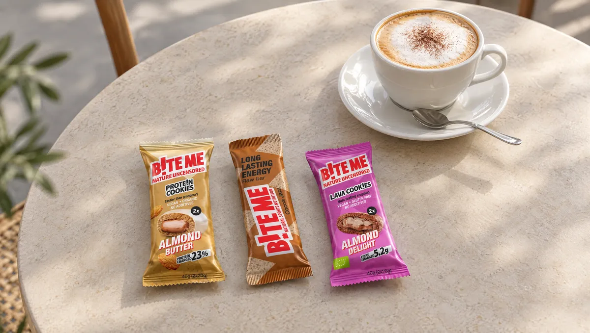 Zdravi snack za kafić: BiteMe keksi i raw pločica na stolu uz kavu