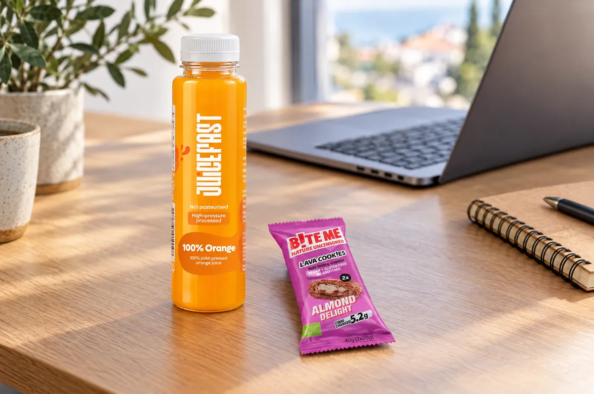 Lava keksi Almond Delight i Orange 250 ml na radnom stolu uz laptop